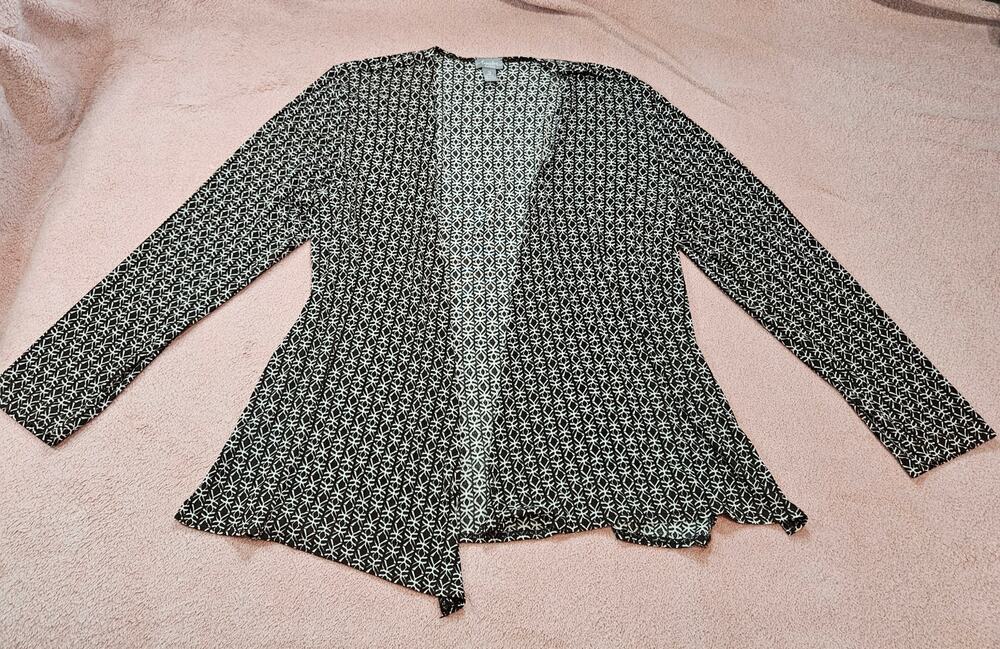 Travelers by Chico's Cardigan Size 2 Brown & White Geometric Open Front